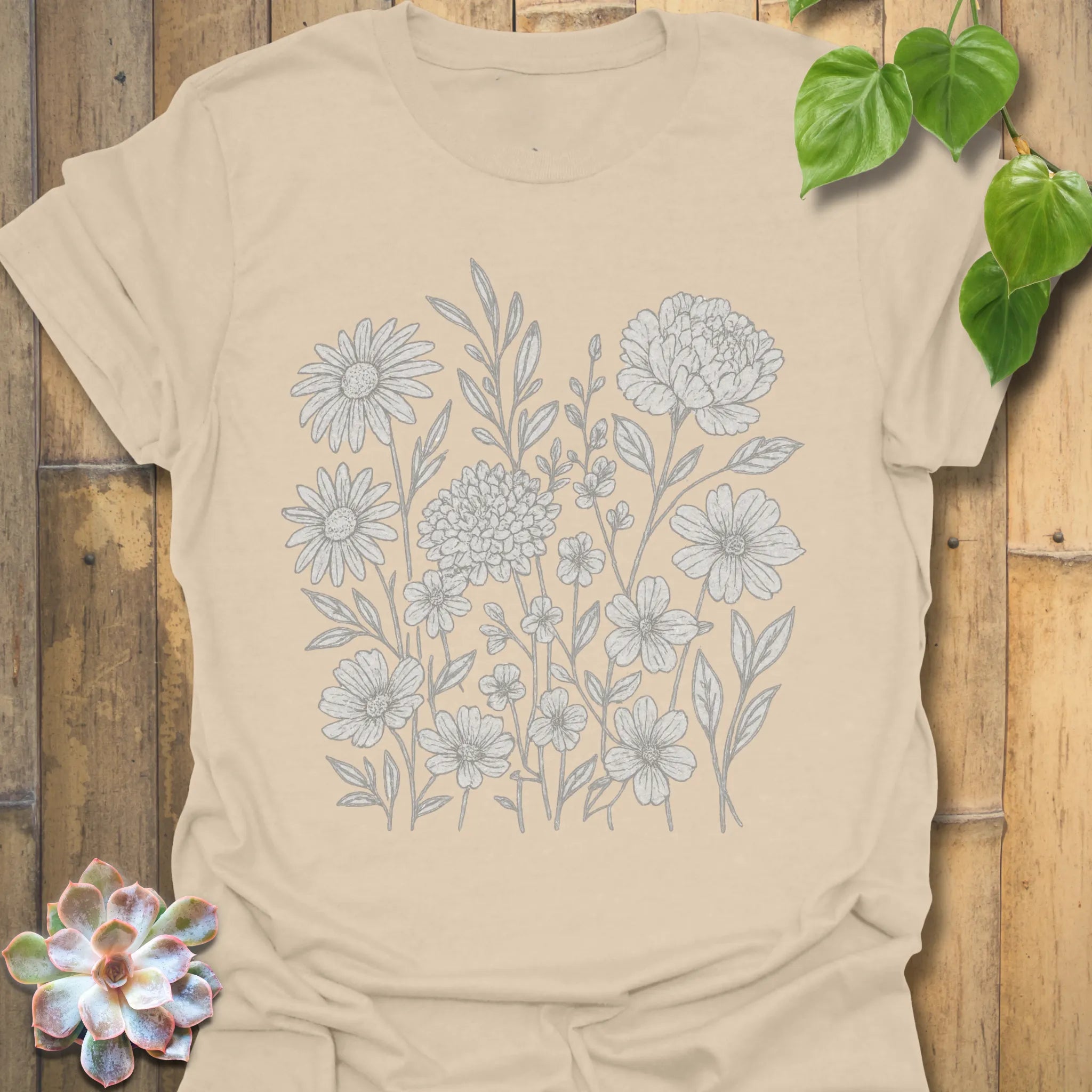 Sand t-shirt featuring the design Eternal Flowers printed in floral graphic, flower lover t-shirt.