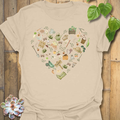Sand t-shirt featuring the design Gardening Loveheart printed in gardening graphic, perfect for plant lovers.
