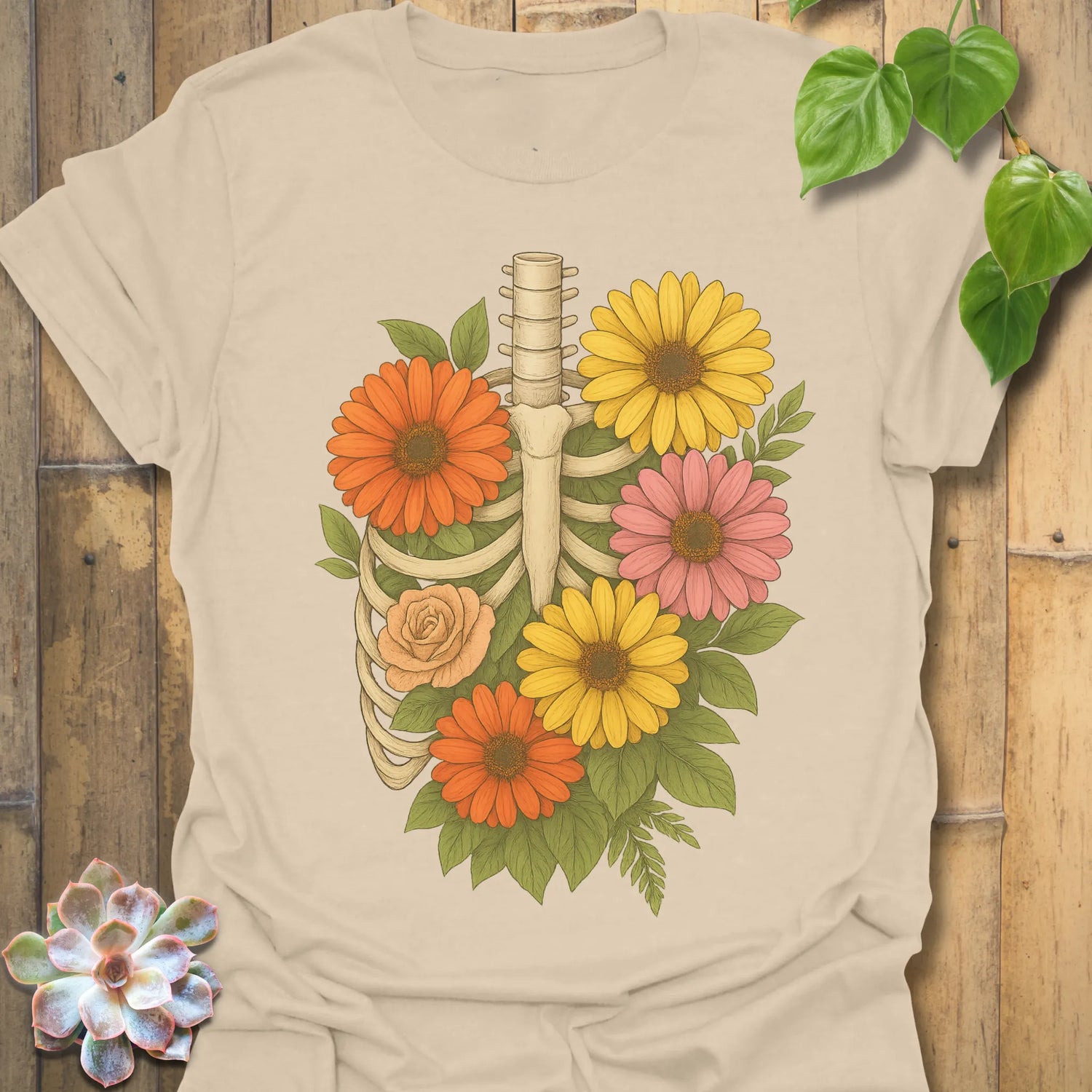 Sand t-shirt featuring the design Gerbera Bones printed in floral skeleton graphic tee.