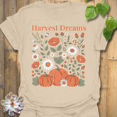 Sand t-shirt featuring the design Harvest Dreams printed in bold orange letters, cosy harvest tee.