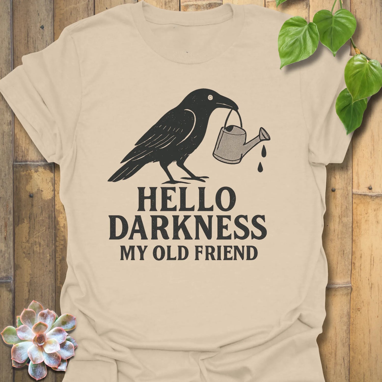 Sand t-shirt featuring the design Hello Darkness printed in bold white letters, halloween lover graphic shirt.