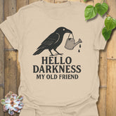 Sand t-shirt featuring the design Hello Darkness printed in bold white letters, halloween lover graphic shirt.