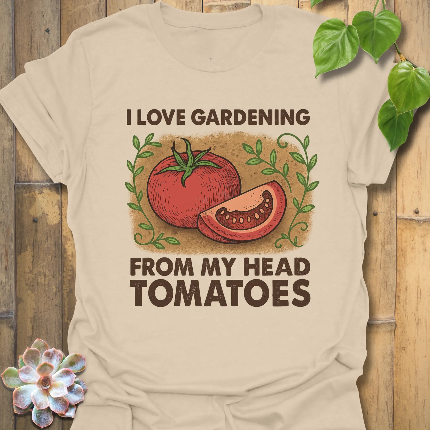 Sand t-shirt featuring the design I Love Gardening printed in bold letters, garden lover t-shirt.
