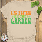 Sand t-shirt featuring the design Life Is Better printed in bold letters, positive vibes t-shirt.