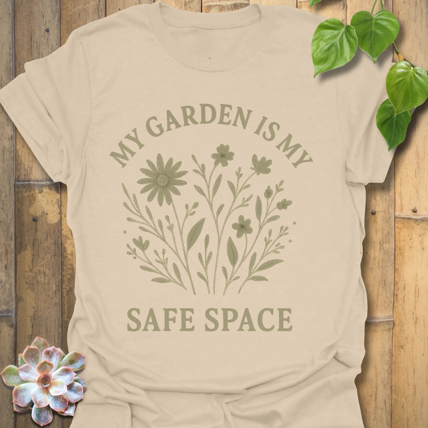 Sand t-shirt featuring the design My Safe Place printed in bold letters, warm tone mindfulness shirt.