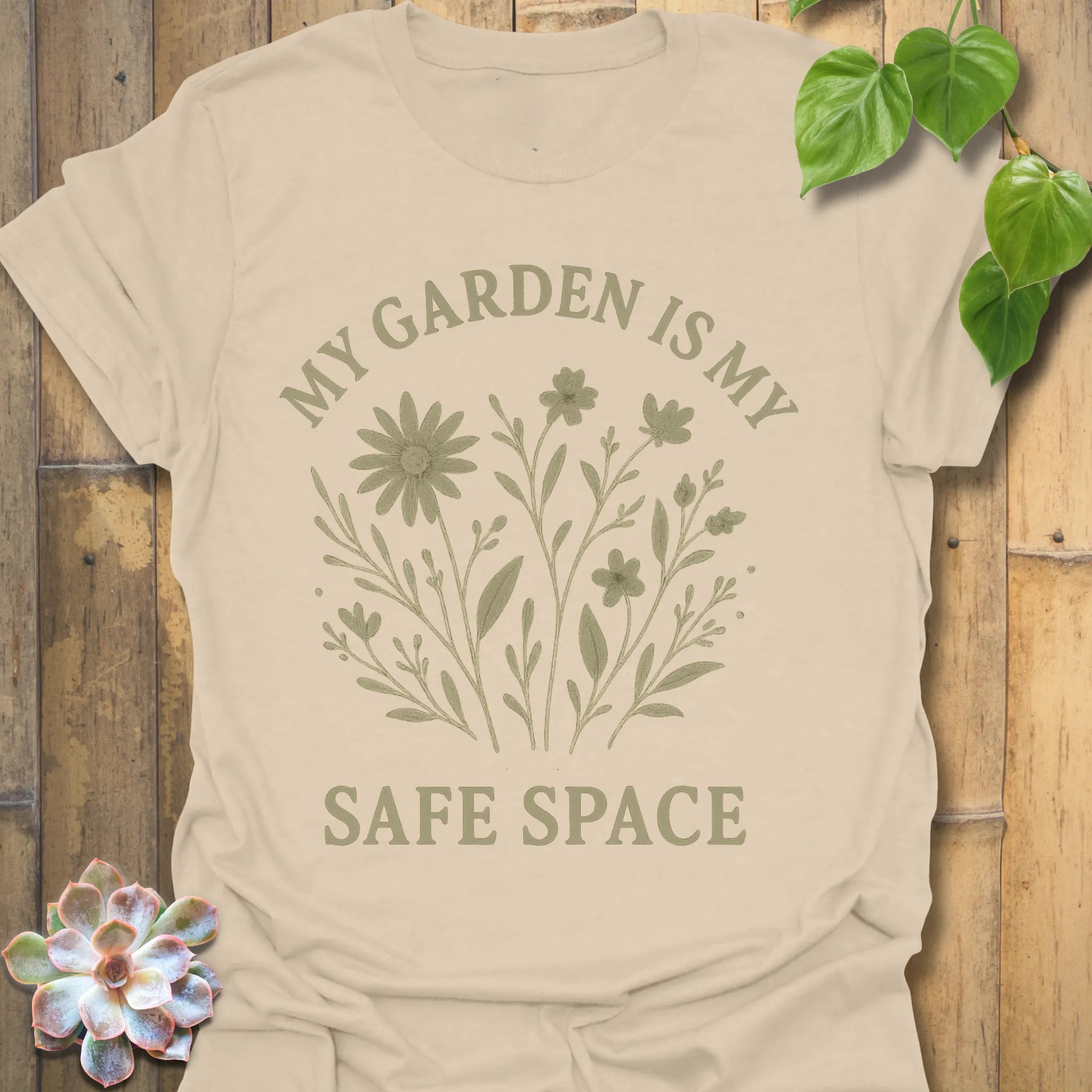 Sand t-shirt featuring the design My Safe Place printed in bold letters, warm tone mindfulness shirt.