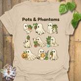 Sand t-shirt featuring the design Pots & Phantom printed in bold black letters, halloween graphic shirt