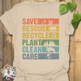 Sand t-shirt featuring the design Save, Rescue printed in bold colorful letters, plants, nature, animal lover tee.