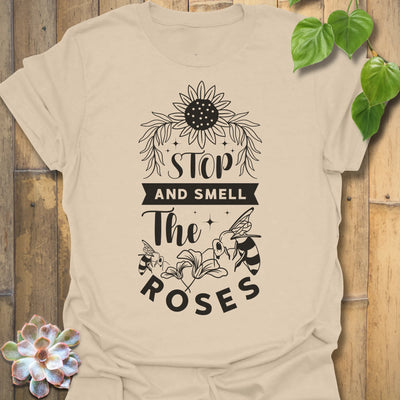 Sand t-shirt featuring the design The Roses printed in artistic flower, floral graphic tee.