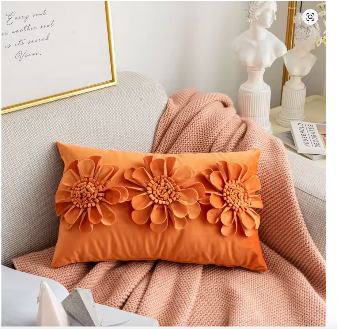 Orange 3D Floral Velvet Cushion Cover – 20 x 50 cm (Limited Stock)