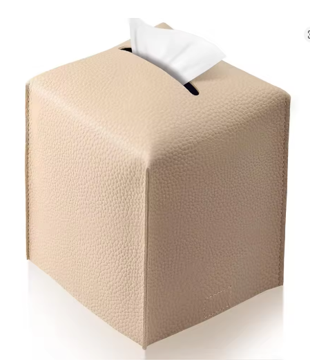 PU Leather Square Tissue Box Cover Beige – 12.7cm -Clearance