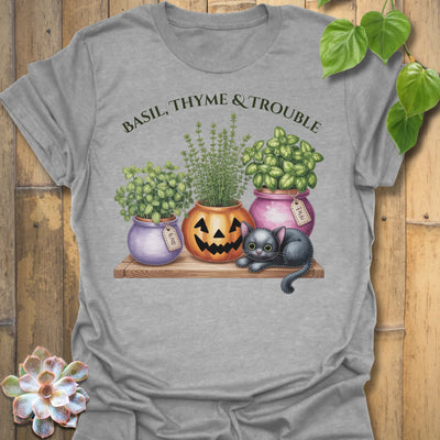 Sport Grey t-shirt featuring the design Basil, Thyme &amp; Trouble printed in bold letters, plant and herb lover tee.
