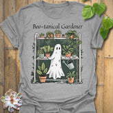 Sport Grey t-shirt featuring the design Boo – Tanical Gardener printed in bold Halloween gardening shirt.
