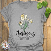 Sport Grey t-shirt featuring the design December Narcissus highlighting a narcissus flower illustration, a casual floral graphic tee with botanical style