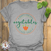 Sport Grey t-shirt featuring the design Farm Fresh Vegetables Picked Daily with vintage vegetable artwork, local farm shirt.