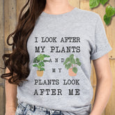 Sport Grey t-shirt featuring the design “I look after My Plants and my plants look after me” gardening gift shirt.