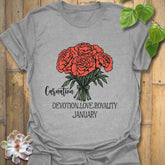 Sport Grey t-shirt featuring the design January Carnation with a print of rose flower, a casual floral graphic tee with a unique botanical print.