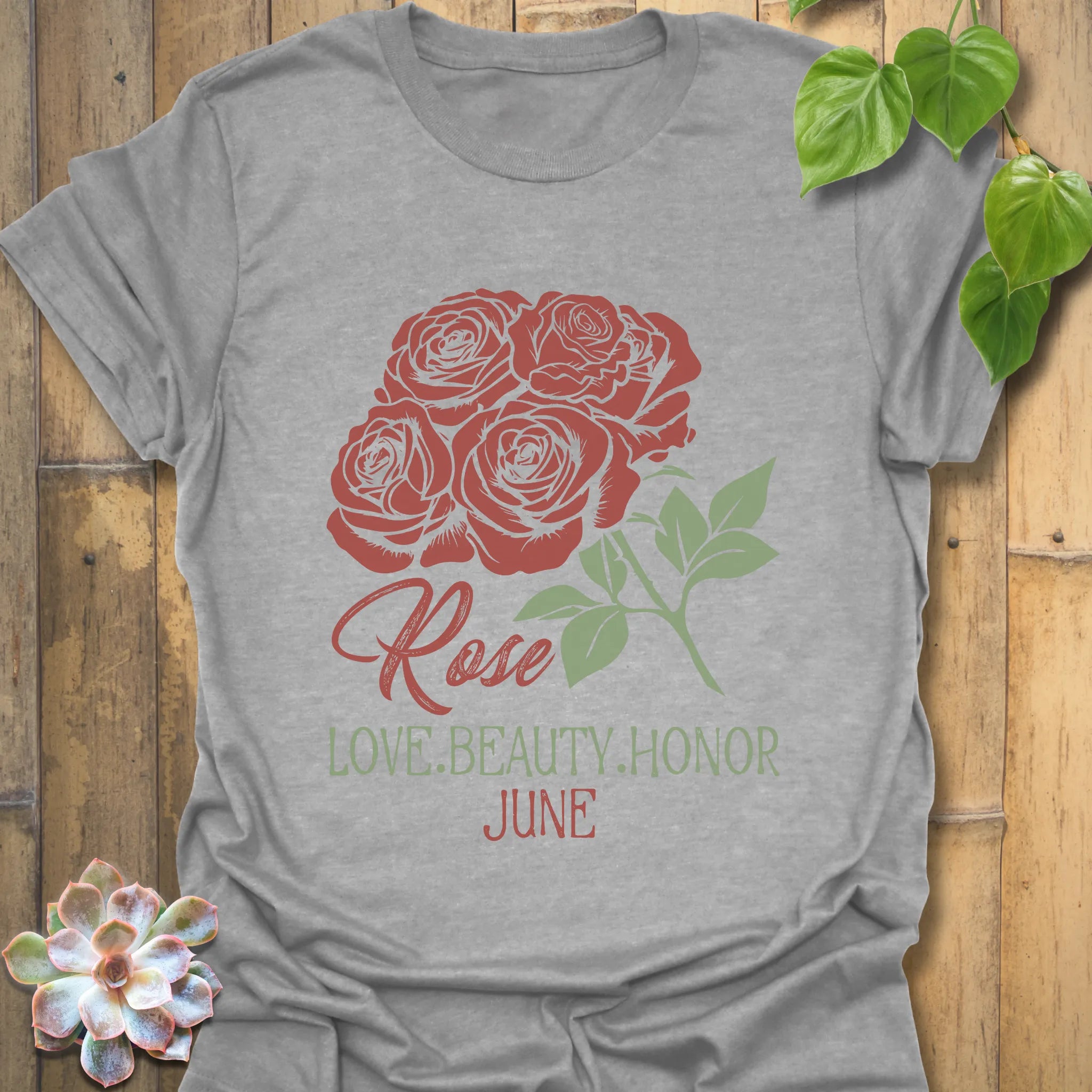 Sport Grey t-shirt featuring the design June Rose with a rose flower print, a comfortable floral graphic shirt for casual outfits.