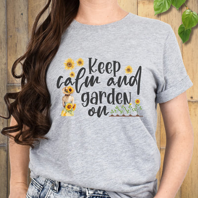 Sport Grey t-shirt featuring the design Keep Calm and Garden On, unisex gardening shirt.