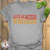 Sport Grey t-shirt featuring the design Life is better in the garden printed in green floral lettering, comfortable unisex gardening graphic tee