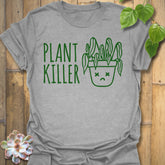 Sport Grey t-shirt featuring the design Plant Killer printed in bold green letters, funny plant lover shirt.