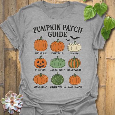 Sport Grey t-shirt featuring the design Pumpkin Patch Guide printed in black letters, Halloween pumpkin tee.