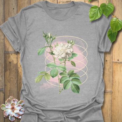 Sport grey t-shirt displaying the Blossom Whisper design with a simple flower print