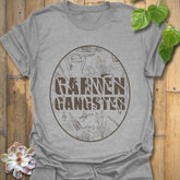 Sport grey t-shirt featuring the design Garden Gangster with printed garden tools, soft gardening graphic tee for casual outfits.