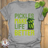 Sport grey t-shirt featuring the design “Pickles make life better” with cucumbers inside a glass jar