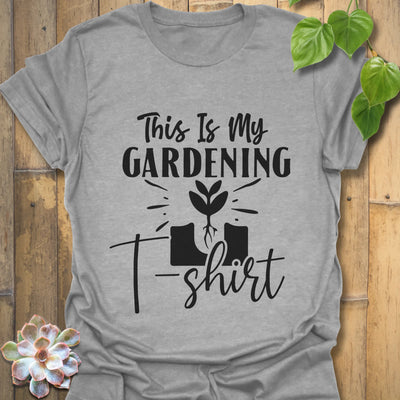 Sport grey t-shirt featuring the design This Is My Gardening T-shirt printed in bold lettering, a comfortable plant lover t-shirt for gardening fans.
