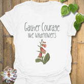 White botanical graphic t-shirt showing the quote ‘Gather courage like wildflowers’ paired with a simple floral print