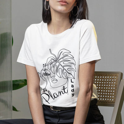 White t-shirt featuring the Plant Lady design, ideal for plant lovers and gardeners