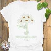 White t-shirt featuring the design April Daisy with a print of rose flower, a minimalist floral graphic perfect for casual spring outfits.