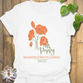 White t-shirt featuring the design August Poppy with a floral print, a minimalist flower graphic perfect for casual summer wear.