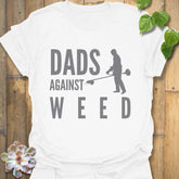 White t-shirt featuring the design Dad Against Weeds, funny gardening shirt.