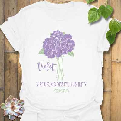 White t-shirt featuring the design February Violet with a rose flower print, perfect for a floral graphic tee lovers.