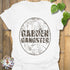 White t-shirt featuring the design Garden Gangster with printed garden tools, perfect gardening graphic tee for plant lovers.