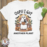 White t-shirt featuring the design Got Another Plant printed in bold black letters, halloween gardening tee.