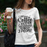 White t-shirt featuring the design "I like coffee and gardening and maybe 3 people" casual graphic tee for coffee lovers.