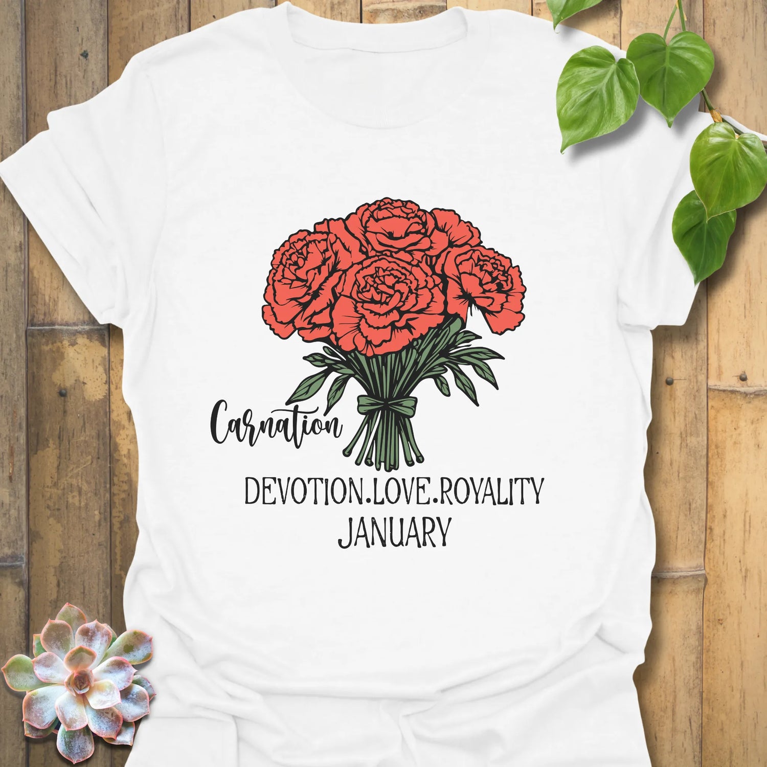 White t-shirt featuring the design January Carnation with a print of rose flower, a floral graphic tee perfect for nature lovers.