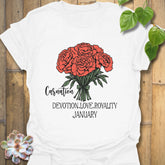 White t-shirt featuring the design January Carnation with a print of rose flower, a floral graphic tee perfect for nature lovers.