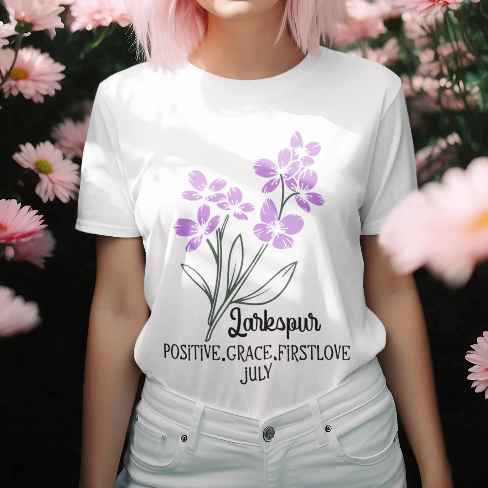 White t-shirt featuring the design July Larkspur with a delicate larkspur flower print, perfect for floral graphic tee lovers and botanical fashion enthusiasts.