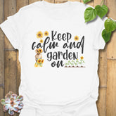 White t-shirt featuring the design Keep Calm and Garden On, perfect gardening shirt.