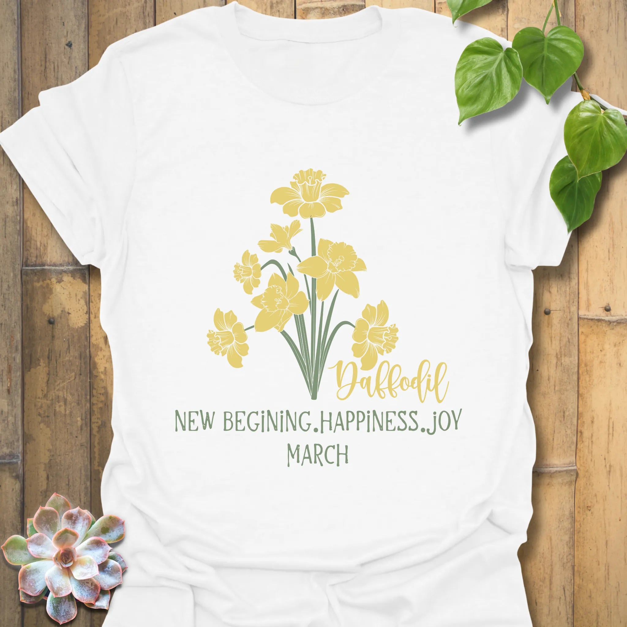 White t-shirt featuring the design March Daffodil with a print of flower Rose, perfect for floral graphic tee lovers.