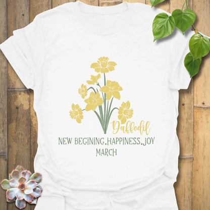 White t-shirt featuring the design March Daffodil with a print of flower Rose, perfect for floral graphic tee lovers.