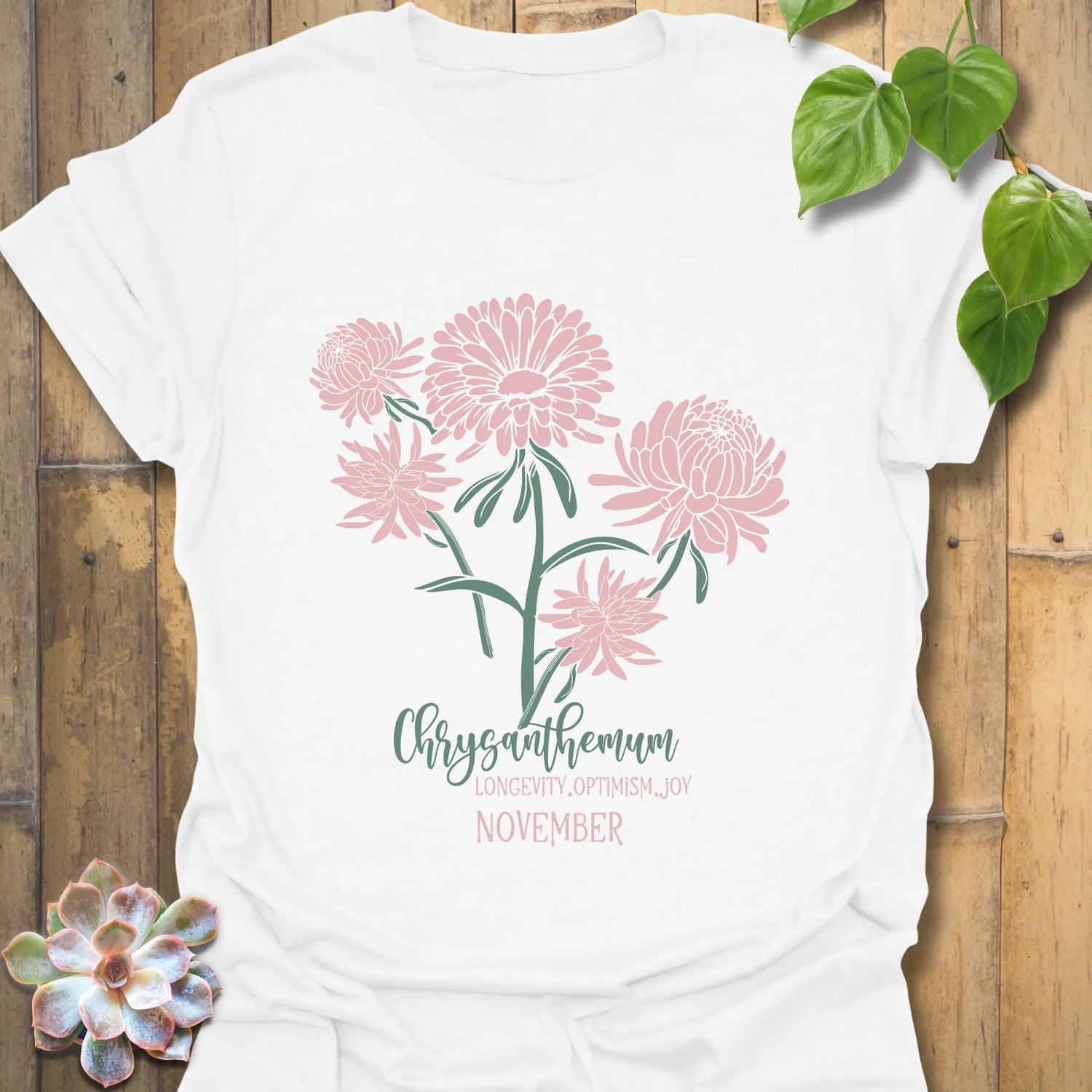 White t-shirt featuring the design November Chrysanthemum with a detailed chrysanthemum flower print, perfect floral graphic tee for autumn style.