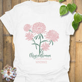 White t-shirt featuring the design November Chrysanthemum with a detailed chrysanthemum flower print, perfect floral graphic tee for autumn style.