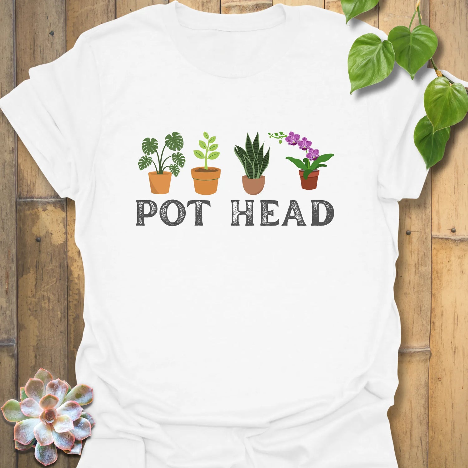 White t-shirt featuring the design Pot Head with colourful flowers in a pot, funny graphic tee.