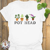 White t-shirt featuring the design Pot Head with colourful flowers in a pot, funny graphic tee.
