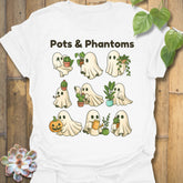 White t-shirt featuring the design Pots & Phantom printed in bold black letters, halloween graphic shirt